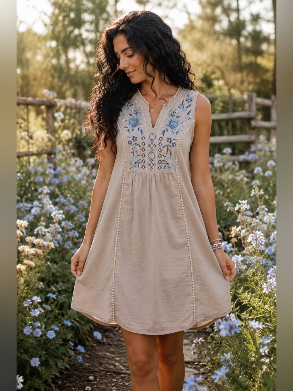 Knox Rose Embroidered Linen Blend Boho Shift Dress Beige Blue Floral Sleeveless